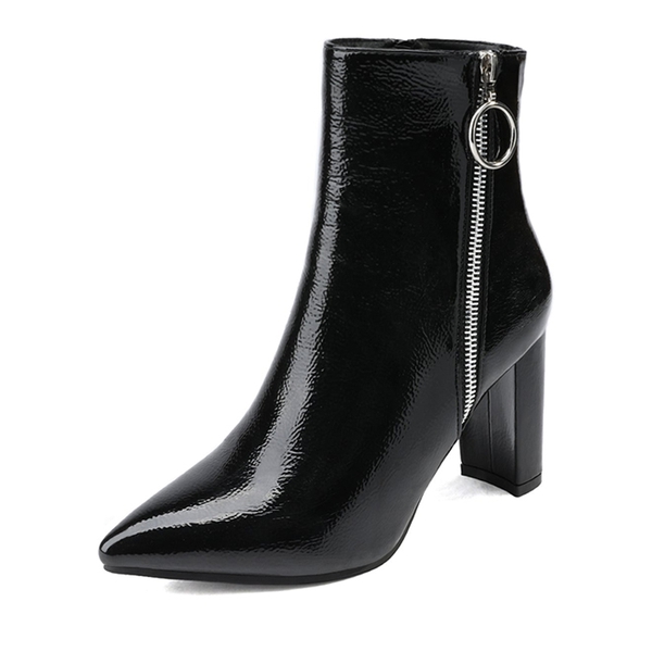 Chunky High Heel Ankle Boots - BLACK PAT -  0